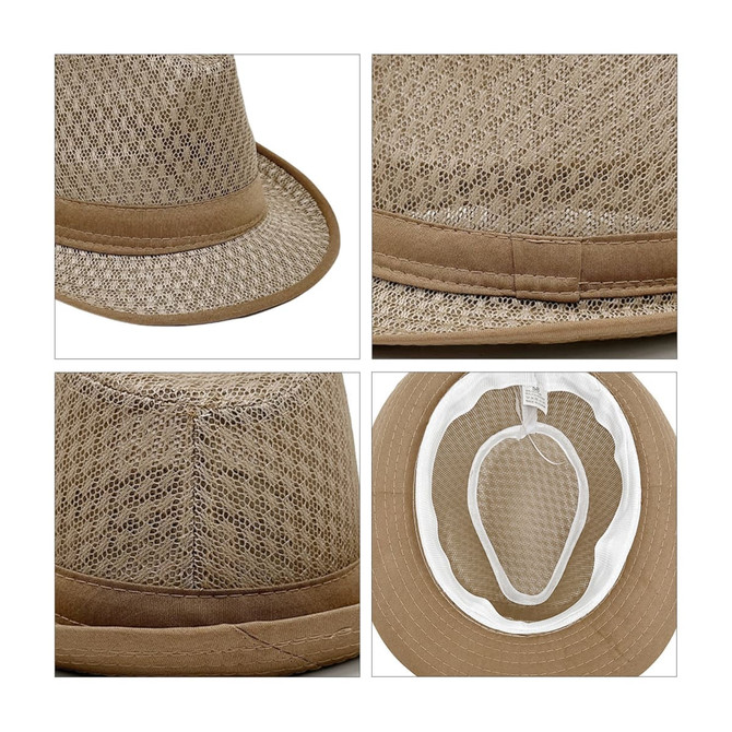 A tan mesh top hat featuring a breathable design, showing different angles and the interior lining.