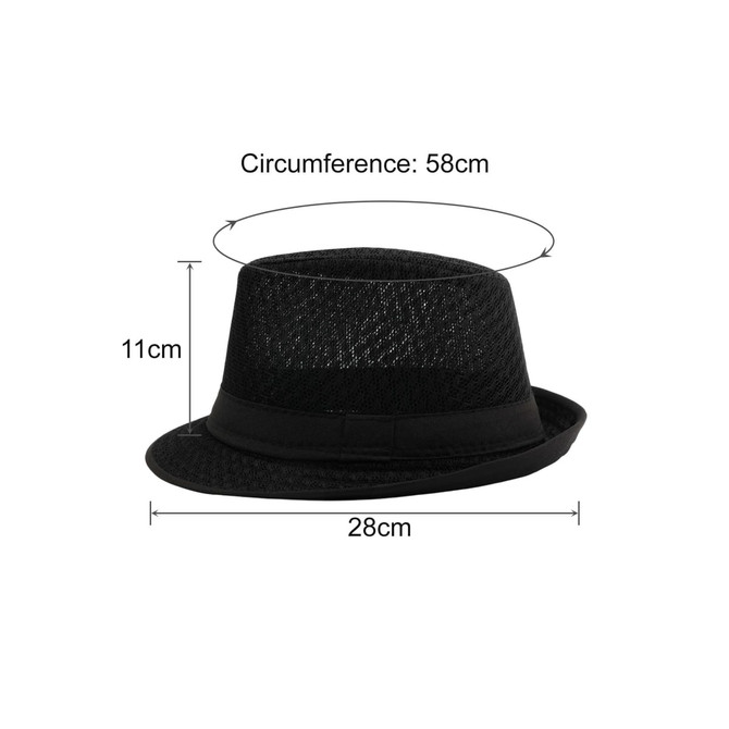 A black mesh breathable top hat with a wide brim and decorative band, featuring dimensions of 58cm circumference and 11cm height.