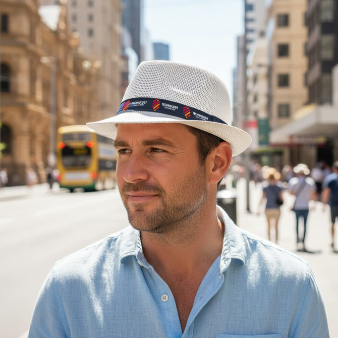A white straw hat with a decorative blue and red band, worn by a man outdoors in a city setting.