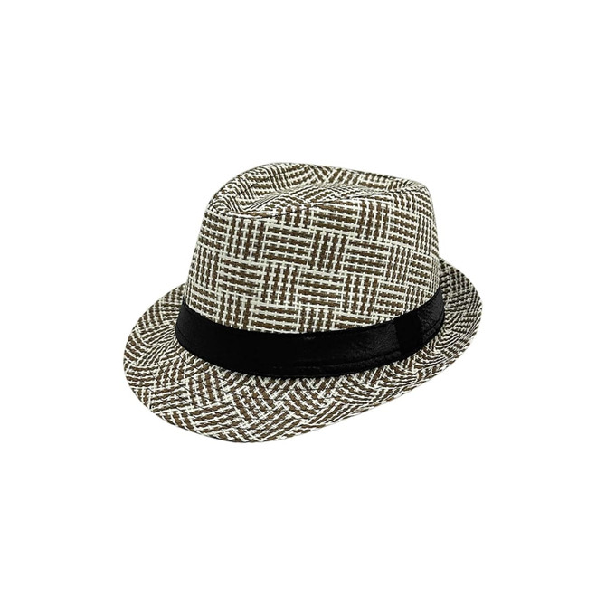A breathable woven straw hat in brown and white with a black band around the base. It features a patterned design.