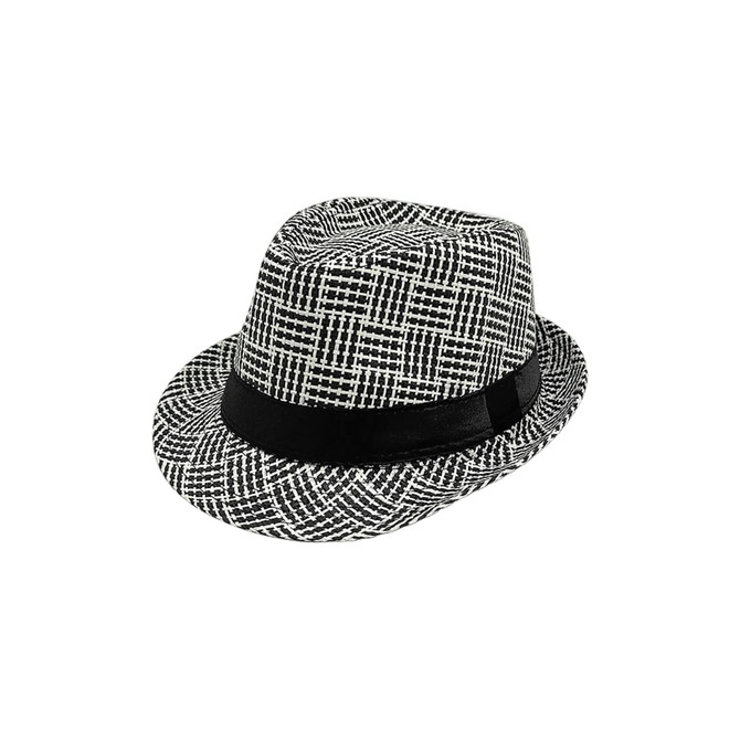 A breathable woven straw hat in a black and white checkered pattern, featuring a black band around the base.