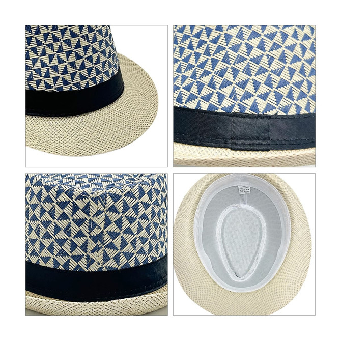 A straw woven top hat featuring a blue and white patterned design, with a black band around the base.