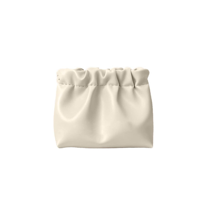 A cream-coloured portable makeup bag with a gathered design. It has a smooth, shiny finish and features a logo.