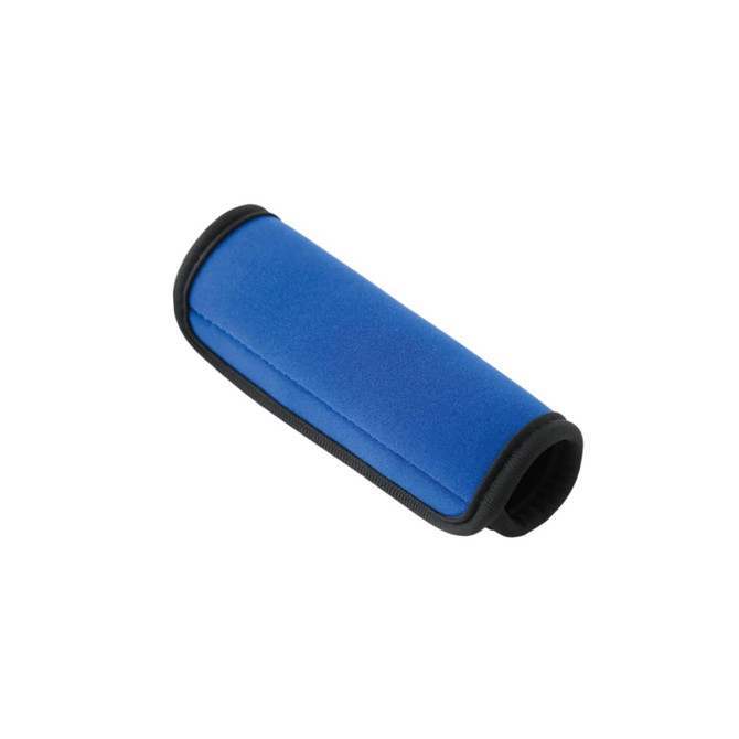 A blue neoprene luggage grip with black trim, featuring a logo on one side.