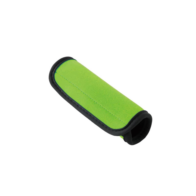 A bright green neoprene luggage grip with a black trim, designed for easy handling of luggage.