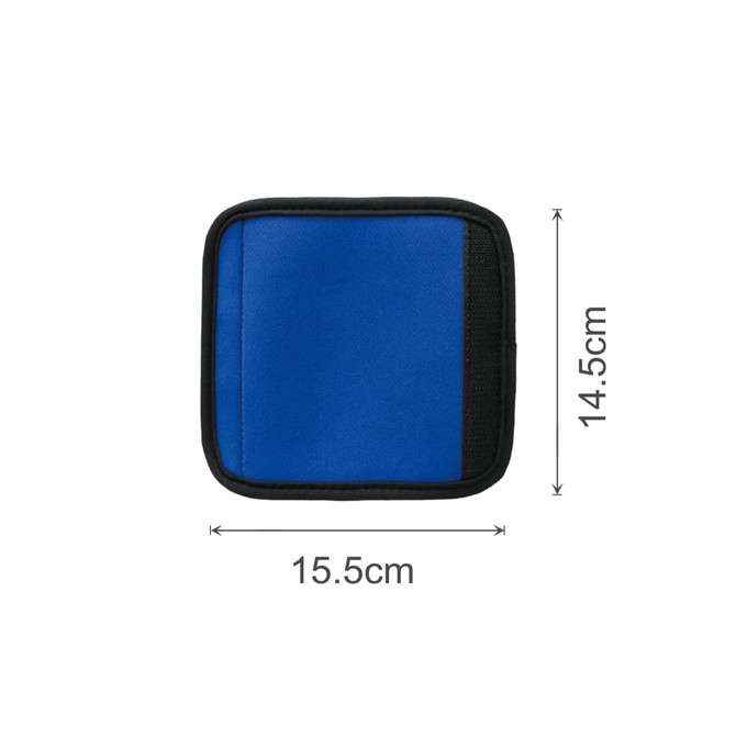 A blue neoprene luggage grip with black trim, featuring dimensions of 15.5 cm by 14.5 cm.