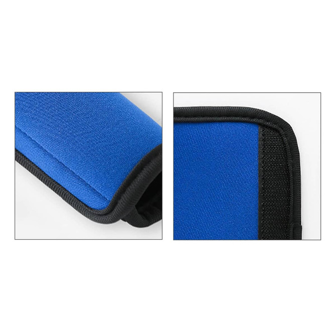 A blue neoprene luggage grip with a black trim, featuring a textured surface for better handling.