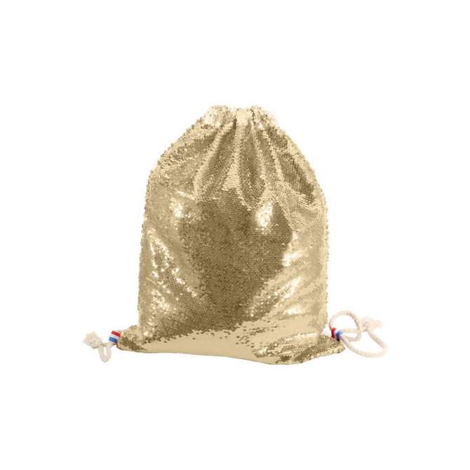 A gold sequin drawstring bag with decorative rope ties and a branding logo.