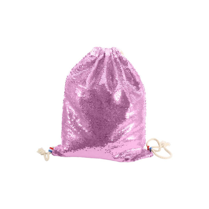 A pink sequin drawstring bag with a smooth, shiny finish and two drawstrings at the base.