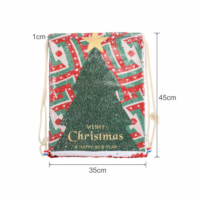 A Sequin Magic Drawstring Bag featuring a Christmas tree design in red, green, and white with a decorative star.