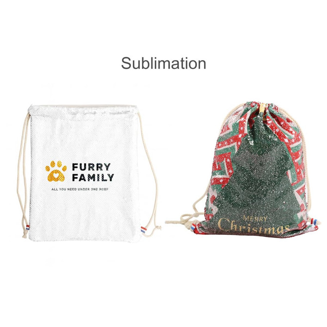 A sequin drawstring bag in green and red with a festive design, featuring a logo and white text.