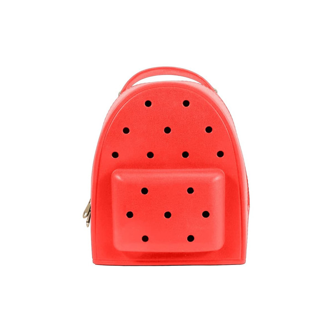 A bright red EVA backpack featuring a textured design with holes and a front pocket. It has a carry handle on top.