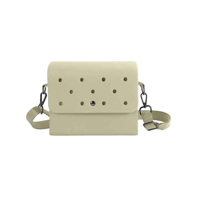 A beige EVA briefcase with perforated holes, featuring a detachable shoulder strap and a clasp closure.