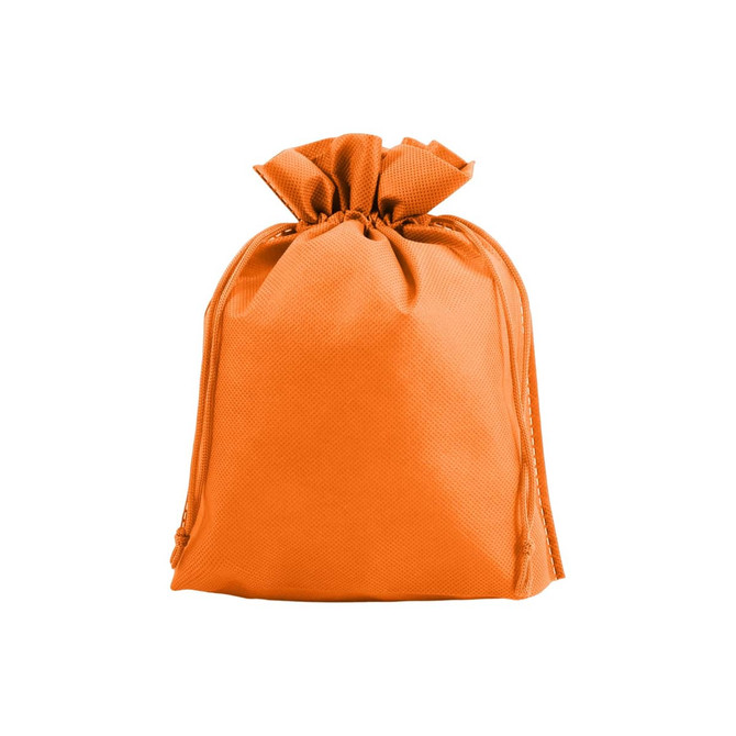 An orange non-woven drawstring bag with a gathered top and a logo.