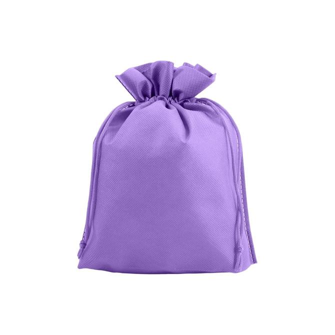 A purple non-woven drawstring bag with a gathered top and a logo featured on the surface.
