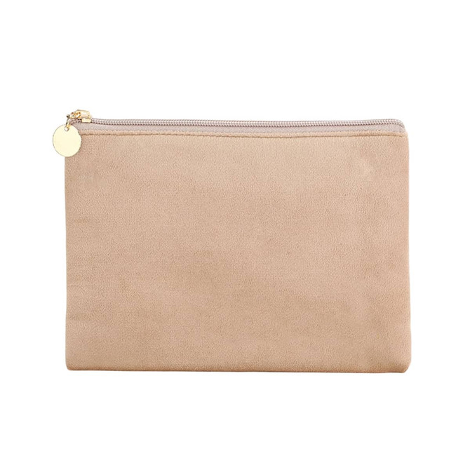 A durable flat makeup bag in a soft beige colour with a zip closure and a small decorative tag.
