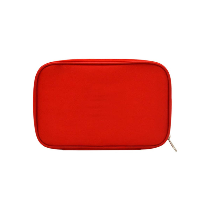 A red empty first aid kit bag with a zip closure and a flat surface. Features a logo.