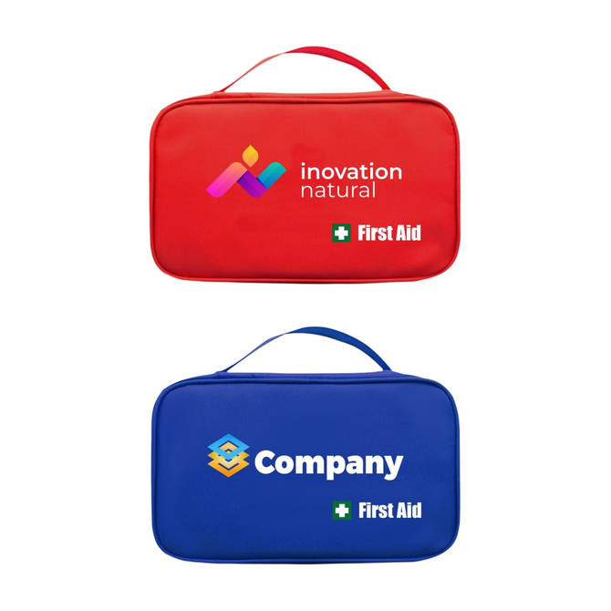 A red and a blue first aid kit bag with handles, both featuring logos and a cross symbol.