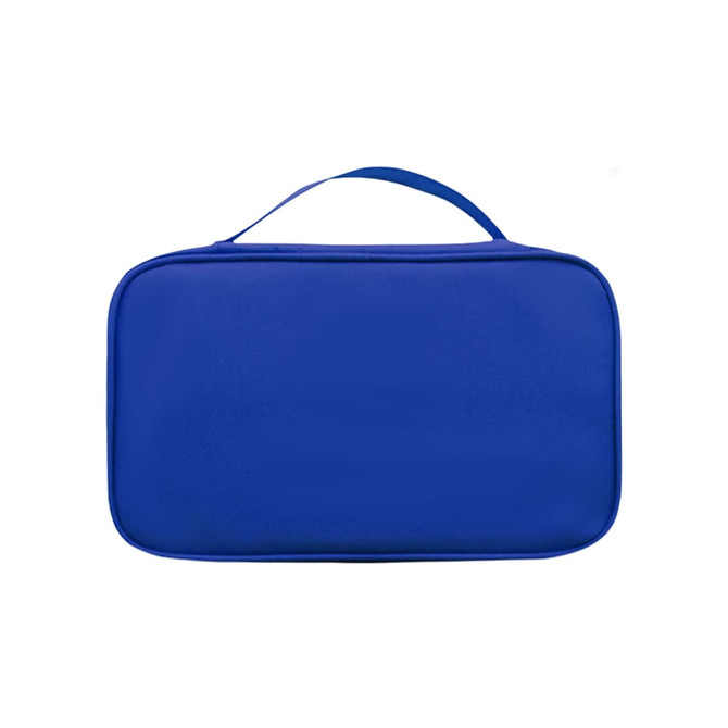 A blue first aid kit bag with a handle, featuring a smooth exterior and no visible contents.