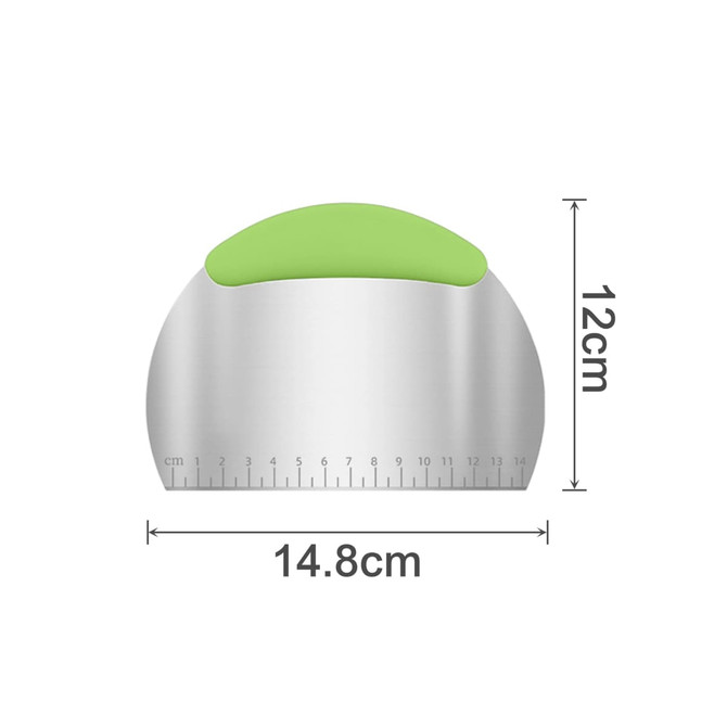 A stainless steel flour cutter with a green handle, featuring measurement markings and dimensions of 14.8 cm by 12 cm.