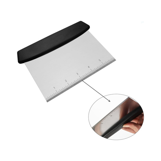 A bench scraper with a plastic black handle and a stainless steel blade featuring measurement markings.