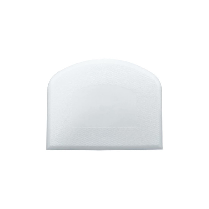 A flexible bowl scraper in white with a textured surface and a rounded top, featuring a logo.