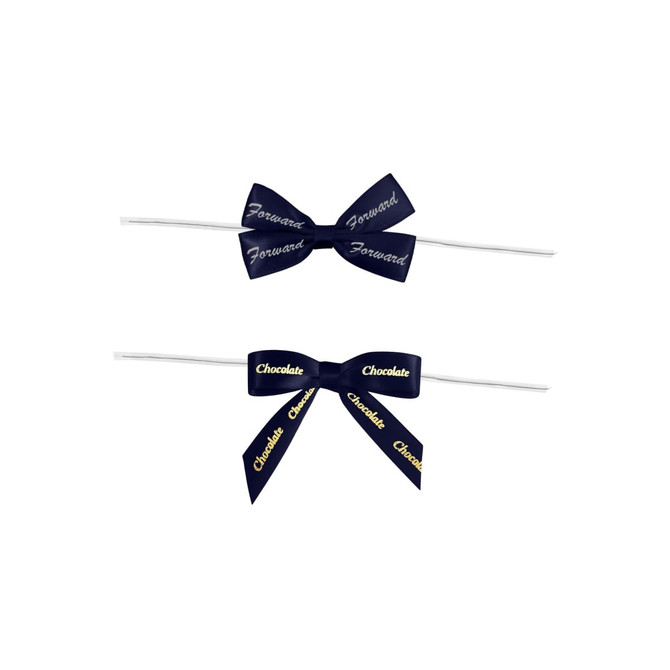 Two navy blue ribbon bows on white twist ties, one featuring the word "Forward" and the other "Chocolate".