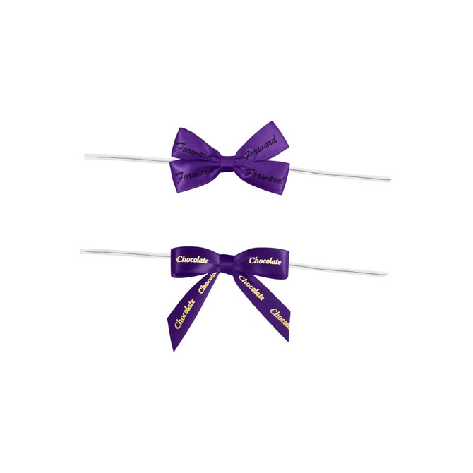 Two purple twist tie bows with the words "Forward" and "Chocolate" printed on them. Each bow is attached to a white twist tie.