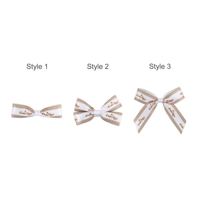 Three adhesive bows displayed in styles one, two, and three, featuring cream and brown colours with a checkered pattern.