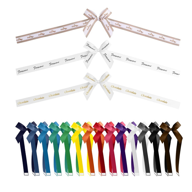 Adhesive ribbon bows in various colours, including gold, white, blue, green, and brown, displayed in multiple lengths and styles.