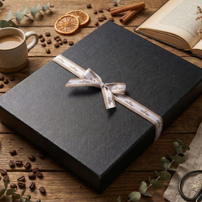 A black gift box tied with an adhesive ribbon bow, surrounded by coffee beans, dried orange slices, and a cup.
