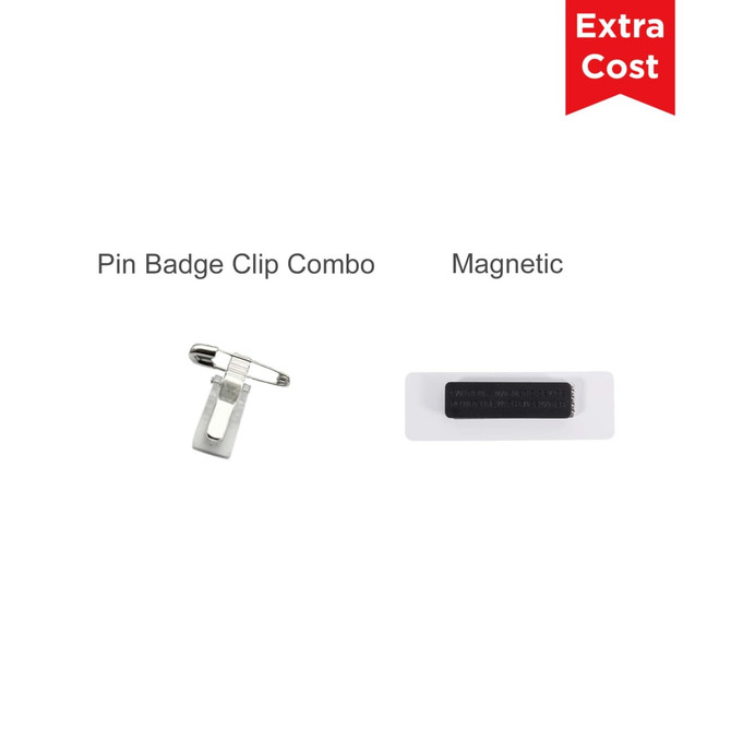 A combination of pin badge clips and a magnetic attachment for name badges. The clips are silver and the magnet is white.