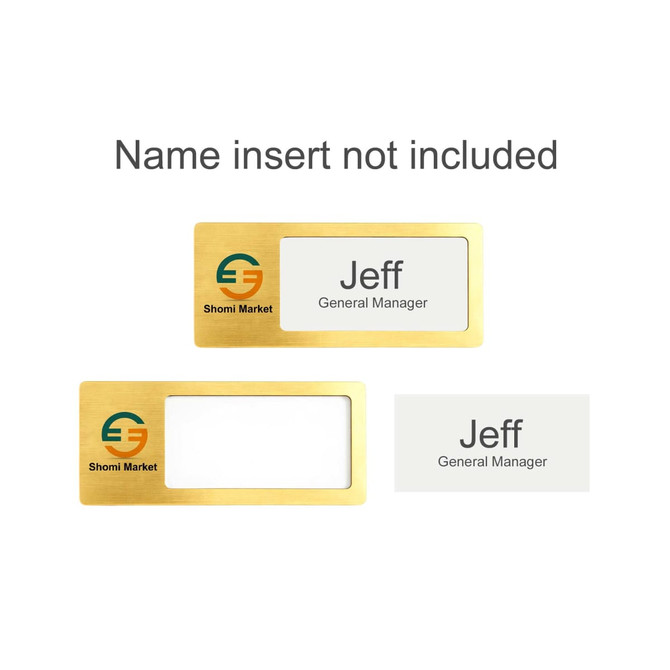 A reusable metal name badge in gold, featuring a clear insert area and a logo.