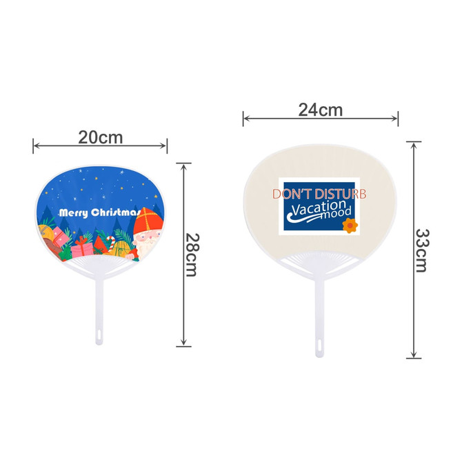 A PVC hand fan featuring a festive design on one side and a vacation-themed message on the other. Predominantly blue and cream.