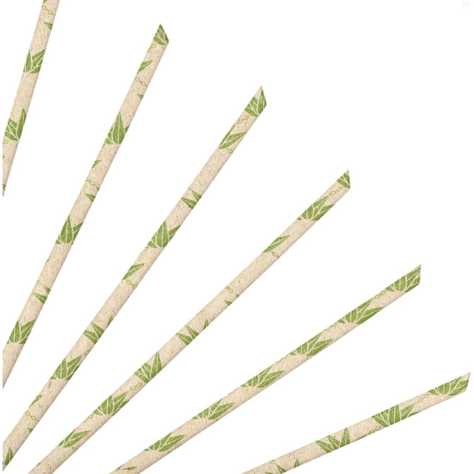 A set of straight angled paper straws in cream with green leaf patterns, featuring a logo.
