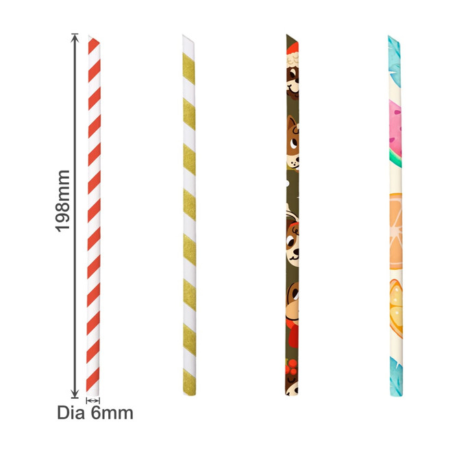 A collection of four custom disposable 4-ply straight angled paper straws in red and white, gold, patterned, and colourful designs.