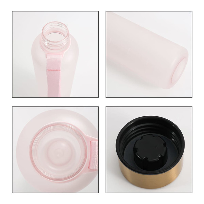 A drink bottle in a soft pink colour with a black lid, featuring a handle and a logo.