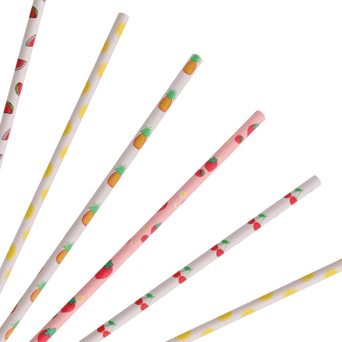 A collection of disposable 3-ply paper straws in white, pink, and decorated with fruit patterns, featuring pineapples and strawberries.