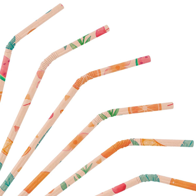 A variety of colourful, bendable 3-ply paper straws with fruit patterns, arranged in a fan shape.