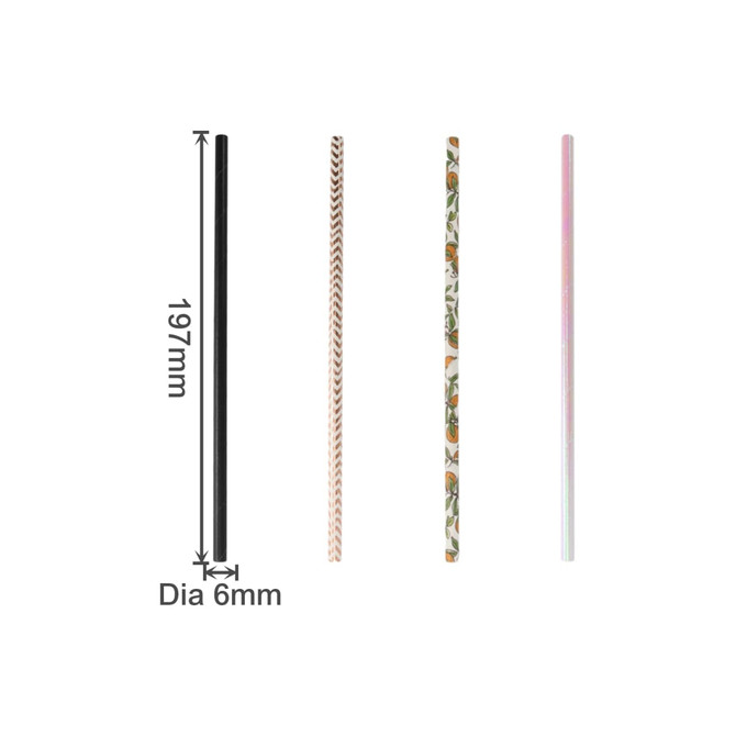 Four disposable 3-ply straight drinking paper straws in various designs: black, patterned, floral, and iridescent.
