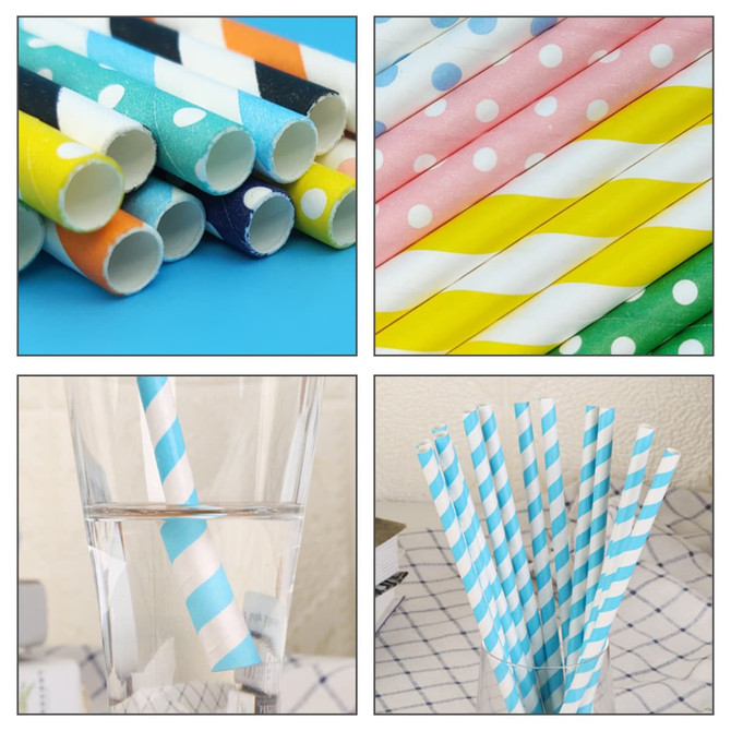 A collection of colourful 3-ply disposable paper straws in various patterns, including stripes and polka dots, with some in a glass of water.