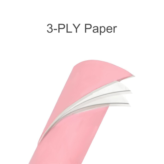 A close-up of a pink 3-ply paper straw, showcasing its layered construction. It features a logo or branding.