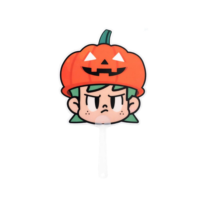 A transparent PVC hand fan featuring a cartoon character with green hair and an orange pumpkin hat.