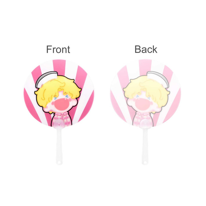 A custom shape transparent PVC hand fan featuring a cartoon character with a pink and white striped background.