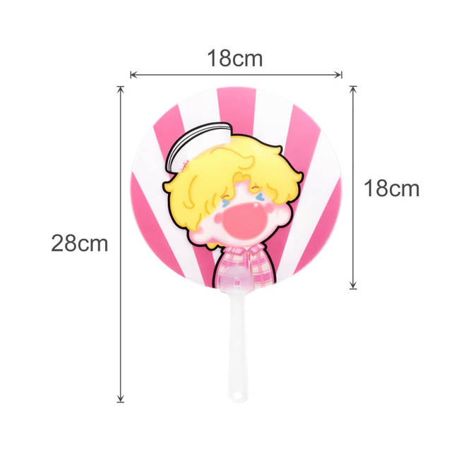 A pink transparent PVC hand fan featuring a cartoon character with blonde hair and a white sailor hat. Dimensions: 18cm x 28cm.