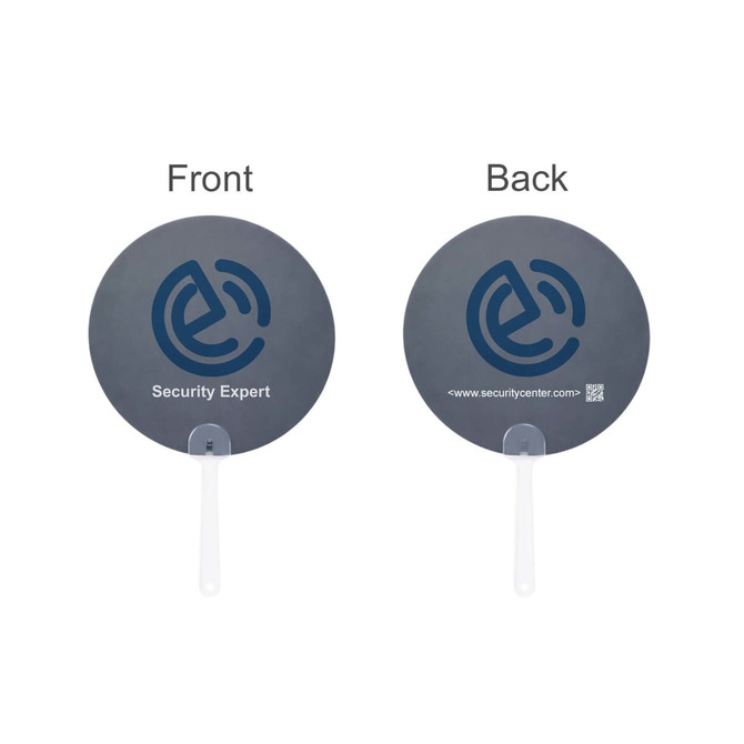 A custom-shaped polypropylene hand fan featuring a circular grey design with a white handle and a logo.