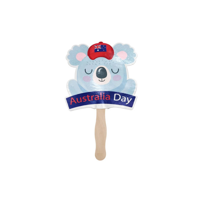 A custom-shaped paper hand fan featuring a koala, coloured blue with a red hat and a wooden handle, branded for Australia Day.