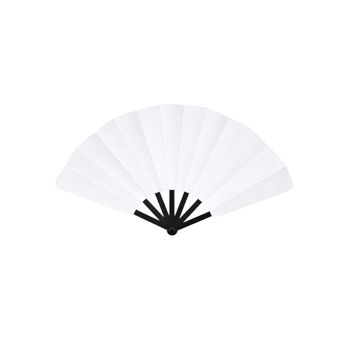 A plastic hand fan with black supports and white blades, fanned out for display. It features a logo on the handle.