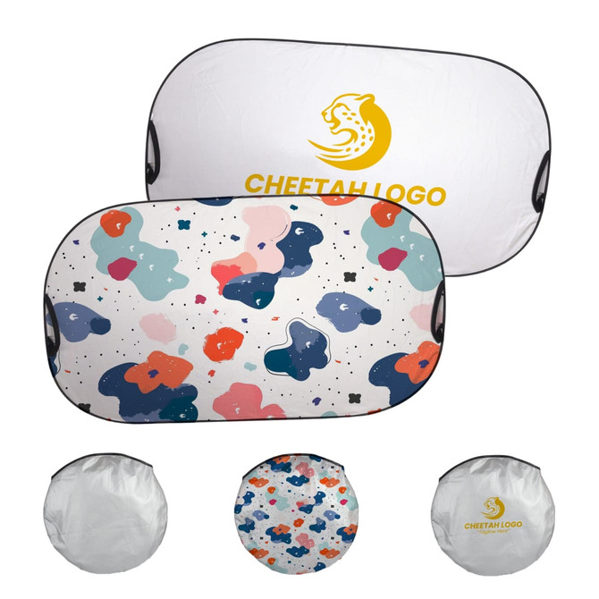 A light-blocking car sun shade featuring a colourful abstract pattern on one side and a white side with a logo.