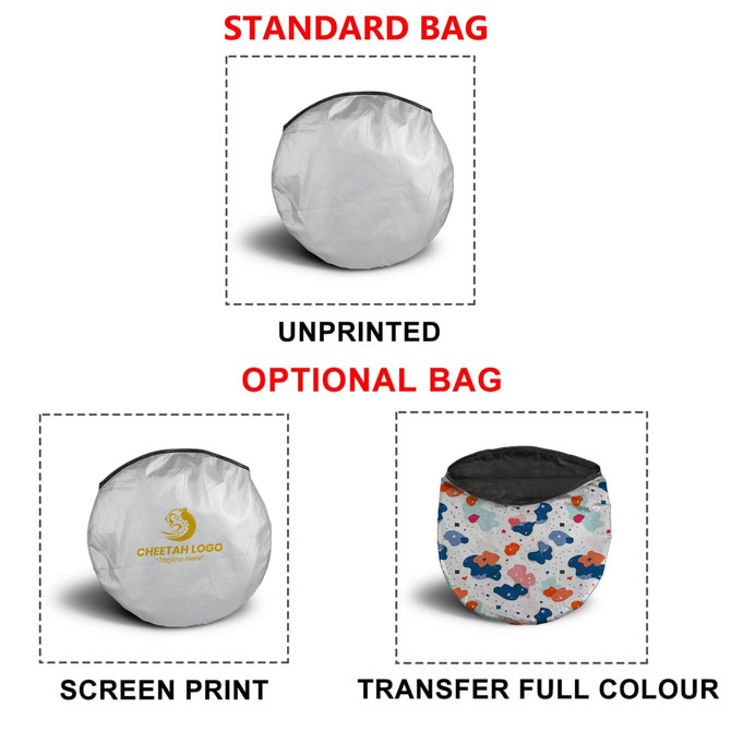 A light-blocking car sun shade in a round shape, featuring a white fabric with optional printed designs and a logo.